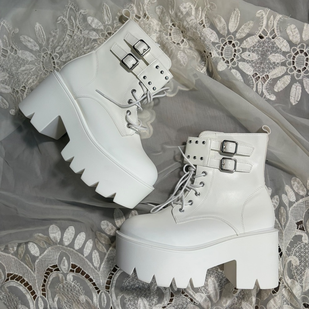 White Platform Lug Sole Combat Boots Studded Buckle Ankle Booties